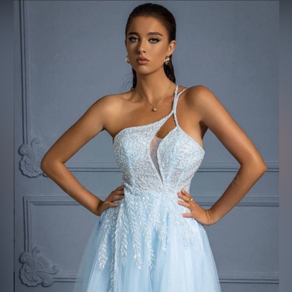 One Shoulder Split Thigh Mesh Beaded Formal Dress, Women Gown - Picture 2 of 9